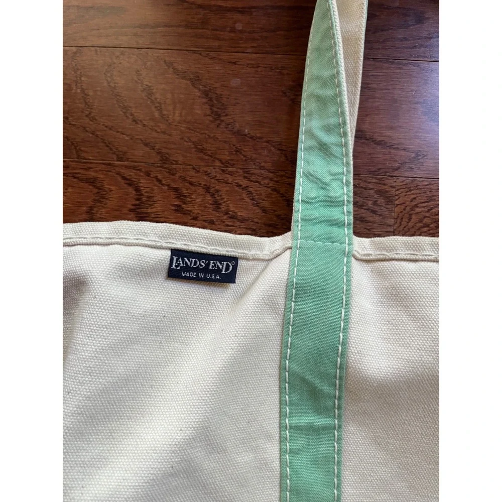 Vintage Lands End Canvas Tote Bag Zip Top Seafoam Green Made in USA Large 22